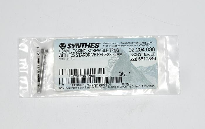 SYNTHES 02.204.038 4.0MM LOCKING SCREW SLF-TPNG WITH T25 STARDRIVE RECESS 38MM