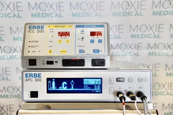 Used ERBE ICC 200 EA INT UL AND APC 300 ELECTROSURGICAL UNIT WITH FOOTSWITCH 20189-027