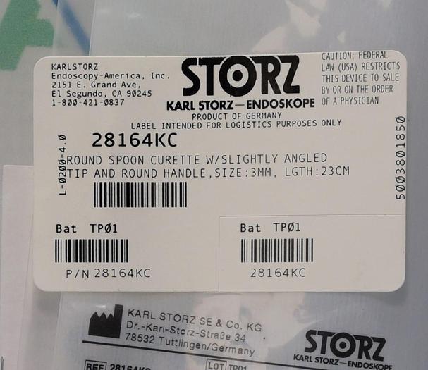 KARL STORZ 28164KC ROUND SPOON CURETTE W/SLIGHTLY ANGLED TIP AND ROUND HANDLE SIZE 3MM LGTH:23CM