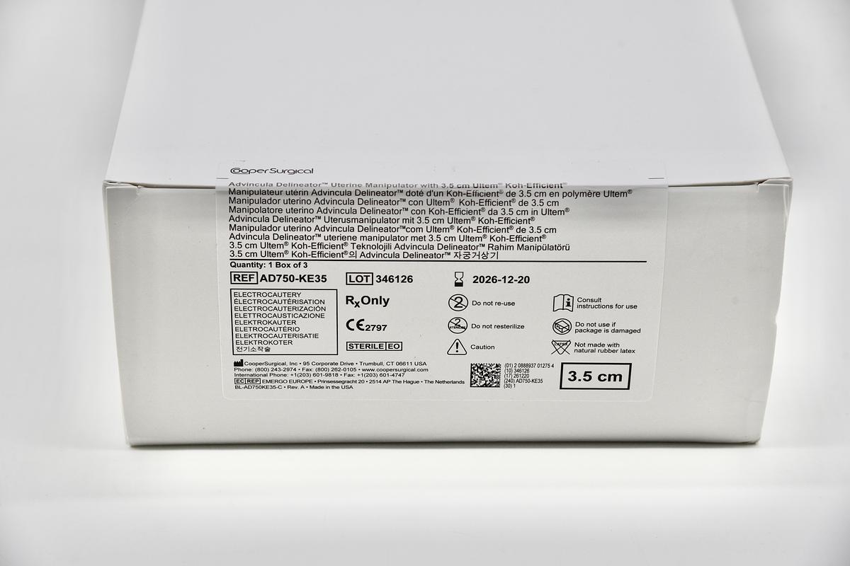 COOPER SURGICAL AD750-KE35; IN-DATE ADVINCULA DELINEATOR UTERINE MANIPULATOR WITH 3.5CM ULTEM KOH-EFFICIENT ELECTROCAUTERY, BOX OF 3