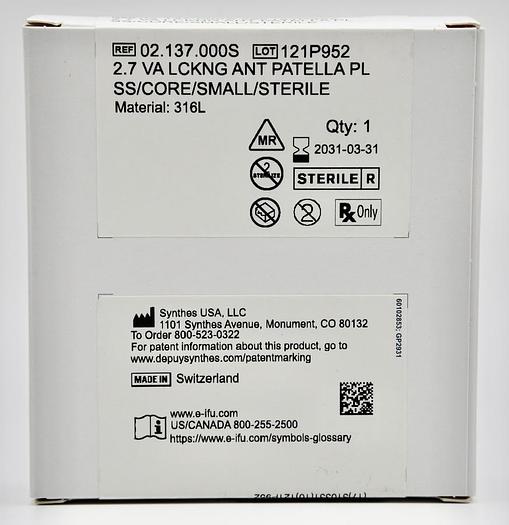 DEPUY SYNTHES 2.7 VA LCKNG ANT PATELLA PL SS/CORE/SMALL/STERILE, REFERENCE 02.137.000S, MATERIAL 316L