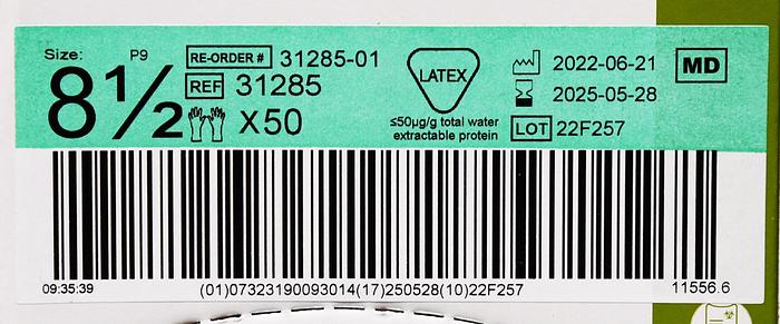 MOLNLYCKE 31285 BIOGEL INDICATOR UNDERGLOVE GREEN NATURAL RUBBER SURGICAL GLOVES, SIZE 8.5, 50 PAIRS BOX