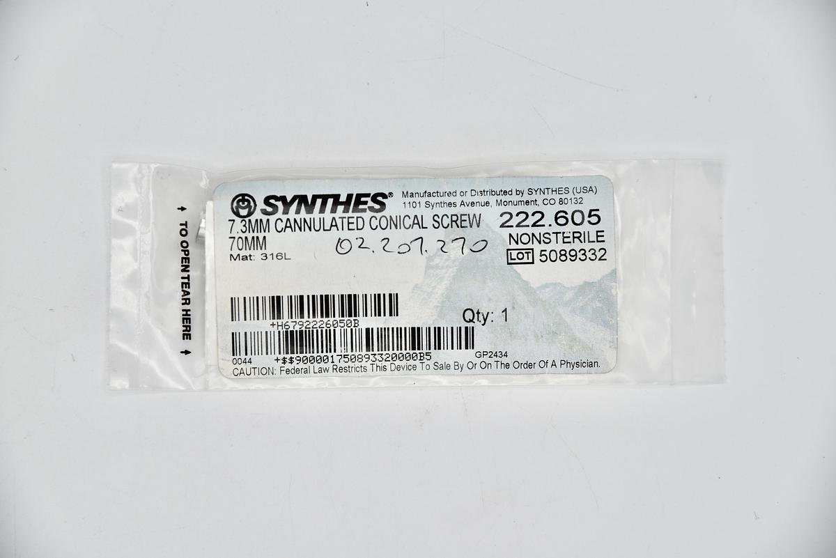 Synthes 222.605 Conical Screw, 7.3 dia. x 70 mm Length, Stainless Steel, Cannulated