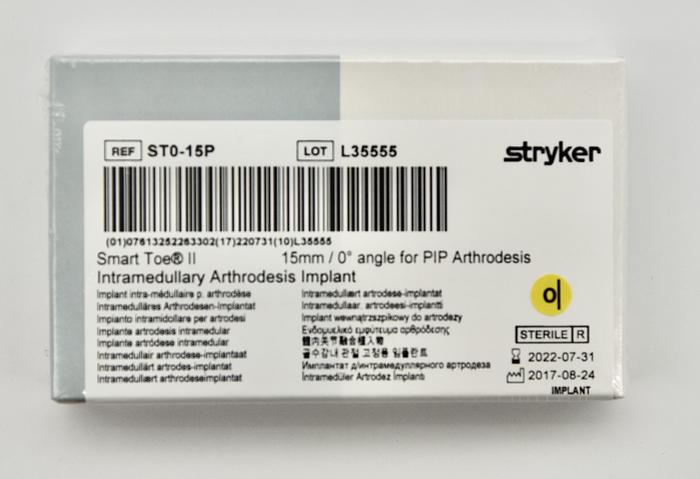 STRYKER ST0-15P SMART TOE II INTRAMEDULLARY ARTHRODESIS IMPLANT, 15MM / 0 FOR DIP ARTHRODESIS