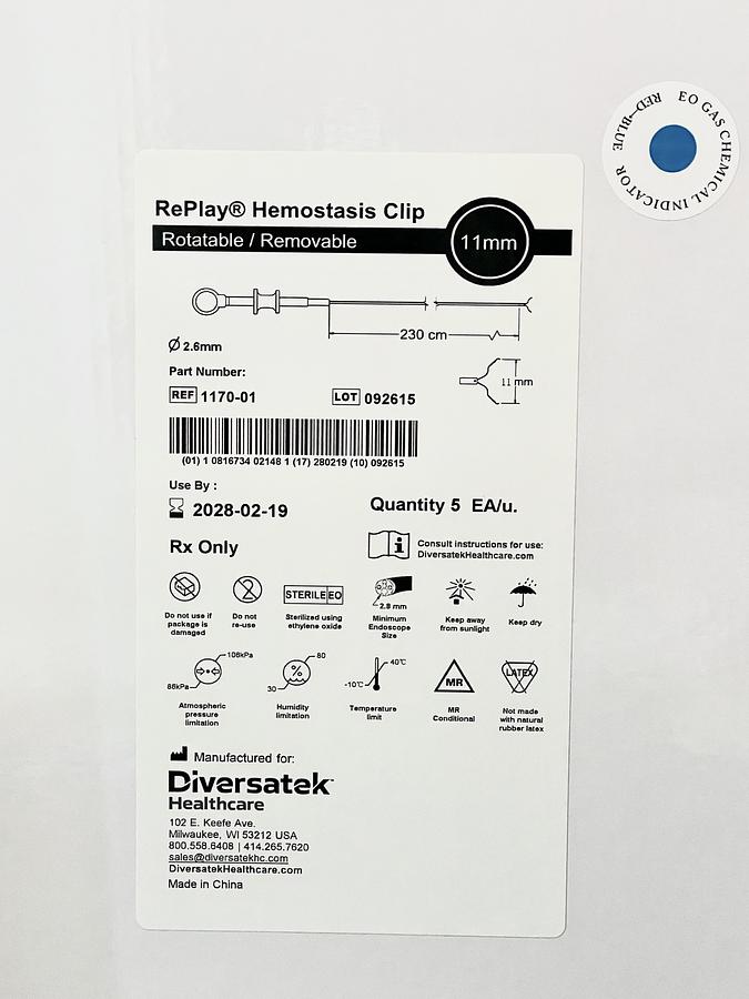 DIVERSATEK RePlay 1170-01 Hemostasis Clip 11mm Span, 5 Per Box, In-Date