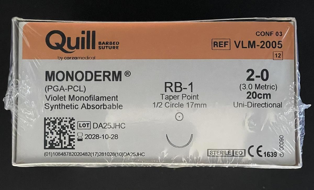 Corza Medical VLM-2005 2-0 Monoderm Barbed Absorbable Suture 20cm, In-Date, 12 Per Box