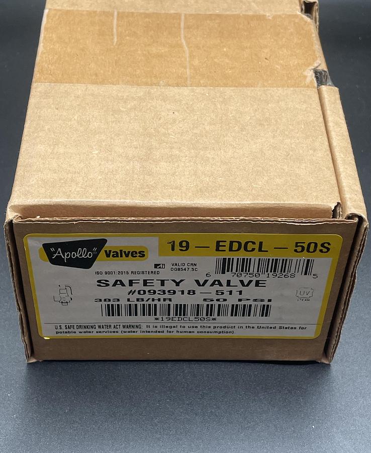 Apollo 19-EDCL-50S Brass Pressure Relief Safety Valve 50 PSIG