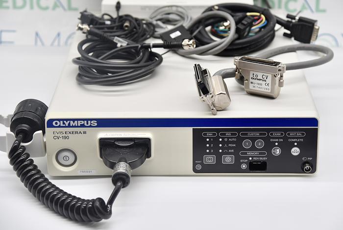 Used Olympus CV-190 EVIS EXERA III Video Processor Endoscopy, MAJ-1430 Pigtail, MAJ-1921 Keyboard with Cables and Accessories
