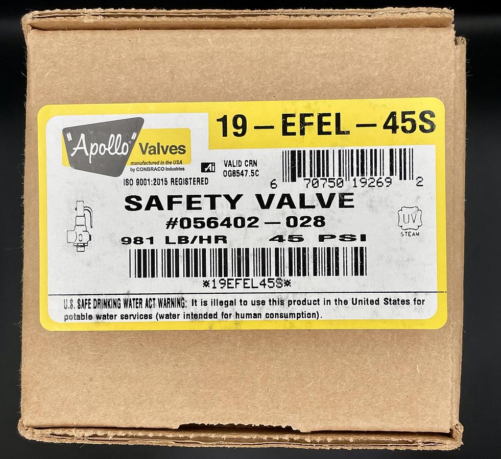 Apollo 19-EFEL-45S Safety Relief Valve 1-inch Bronze 45 PSI