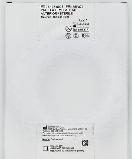 DEPUY SYNTHES 03.137.002S PATELLA TEMPLATE KIT ANTERIOR/STERILE