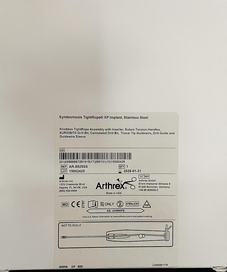 Arthrex AR-8925SS Syndesmosis TightRope XP Implant Stainless Steel