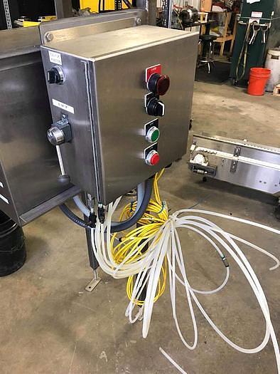 Used Keenline 10 Inch Wide X 202 Inches Long Stainless Steel Sanitary Incline Intralox Belt Conveyor Variable Speed with 90 deg exit