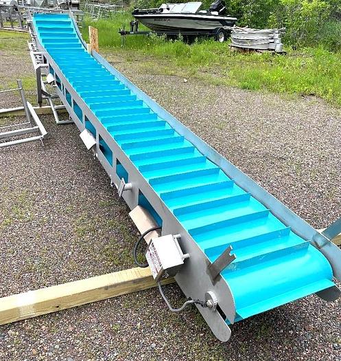 Used 22 Inch Wide Stainless Steel Sanitary Incline Cleated Blue Belt Conveyor