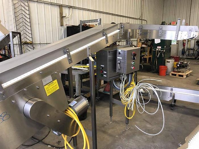 Used Keenline 10 Inch Wide X 202 Inches Long Stainless Steel Sanitary Incline Intralox Belt Conveyor Variable Speed with 90 deg exit