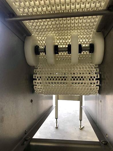 Used Keenline 10 Inch Wide X 202 Inches Long Stainless Steel Sanitary Incline Intralox Belt Conveyor Variable Speed with 90 deg exit