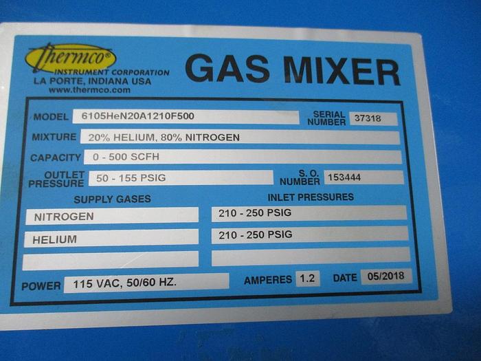 Used Thermco Gas Mixer / Analyzer Model 6105HeN20A1210OF500 Mfg 2018