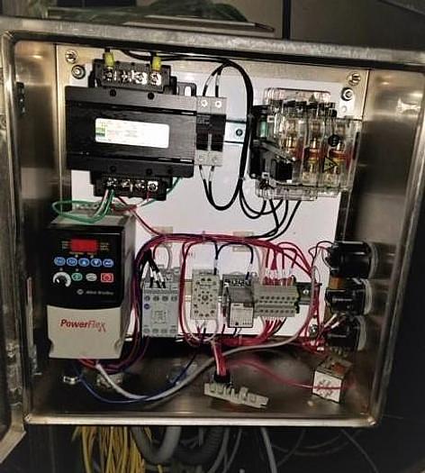 Used Keenline 10 Inch Wide X 202 Inches Long Stainless Steel Sanitary Incline Intralox Belt Conveyor Variable Speed with 90 deg exit