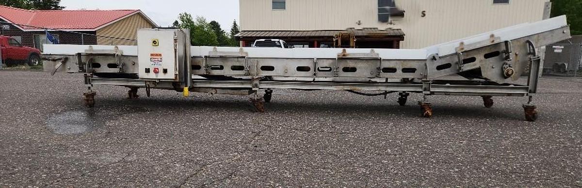 Used AMFEC 30 Inches Wide X 216 Inch Cleated Blue Belt Pack Off Conveyor Stainless Steel