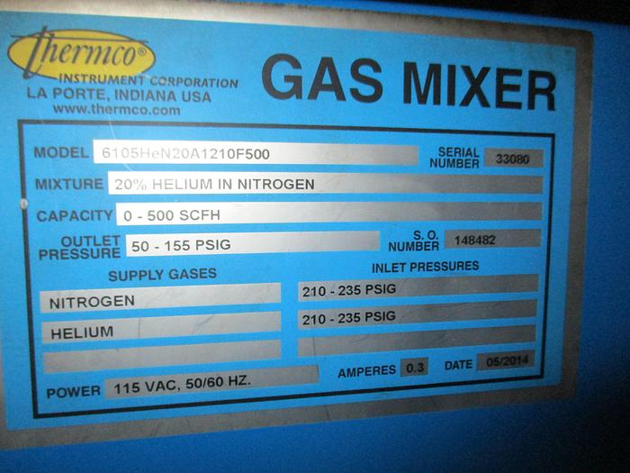 Used Thermco Gas Mixer / Analyzer Model 6105HeN20A1210OF500 Mfg 2014