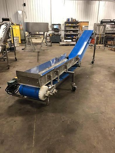Used 16 Inches Wide X 189 Inches Long Incline Blue Belt Conveyor Stainless Steel Sanitary