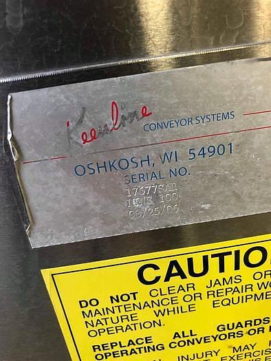 Used Keenline 10 Inch Wide X 202 Inches Long Stainless Steel Sanitary Incline Intralox Belt Conveyor Variable Speed with 90 deg exit