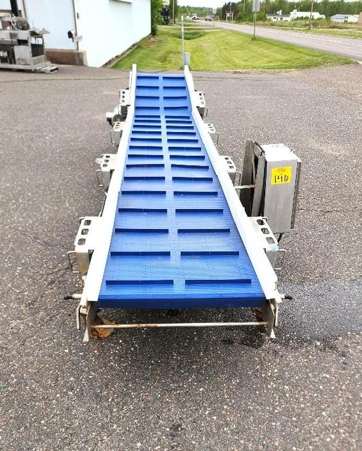 Used AMFEC 30 Inches Wide X 216 Inch Cleated Blue Belt Pack Off Conveyor Stainless Steel