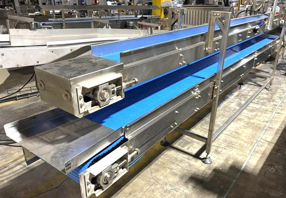 Used Stainless Steel Sanitary Dual Tier Packoff Transfer Conveyor 16 Inches Wide X 300 Inches Long
