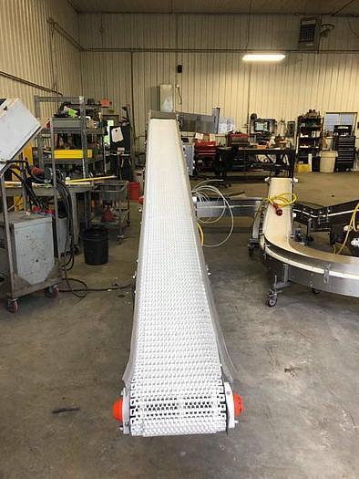 Used Keenline 10 Inch Wide X 202 Inches Long Stainless Steel Sanitary Incline Intralox Belt Conveyor Variable Speed with 90 deg exit