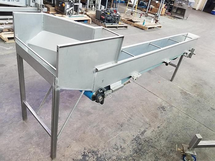 Used 8 Inch x 105 Inch Horizontal Stainless Steel Sanitary Blue Belt Conveyor With Hopper