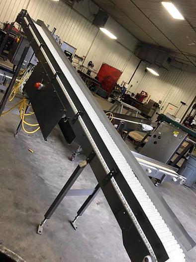 Used Keenline 10 Inch Wide X 202 Inches Long Stainless Steel Sanitary Incline Intralox Belt Conveyor Variable Speed with 90 deg exit