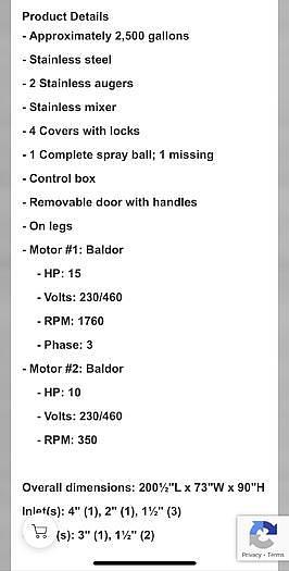 Used 330 cu ft/2500 Gallons Stainless Steel Sanitary Ribbon Blending Hoppers/Tanks