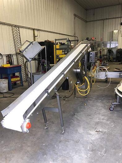 Used Keenline 10 Inch Wide X 202 Inches Long Stainless Steel Sanitary Incline Intralox Belt Conveyor Variable Speed with 90 deg exit