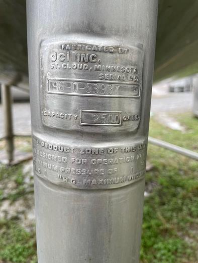 Used 2,500 GALLON DCI DOME TOP CONE BOTTOM PRESSURE WALL PROCESSOR – 316L S/S (#9792)
