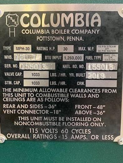 2019 Columbia 30 Hp Low Pressure Low NOX Boiler