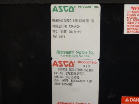 Used Asco Mdl. 962 Transfer Switch