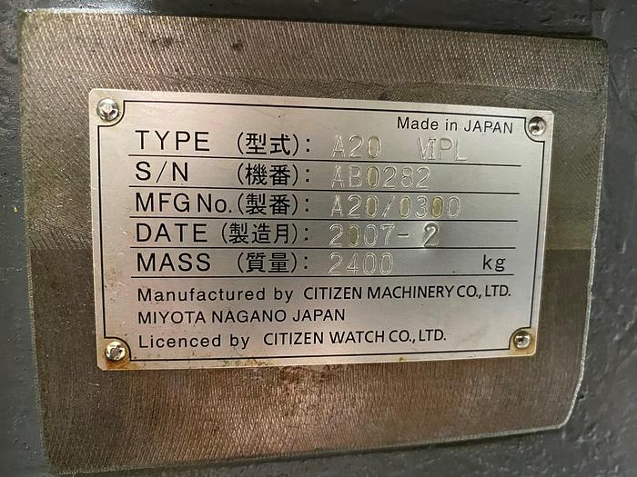 Used 2007 Citizen A20-VIPL CNC Sliding Head Lathe