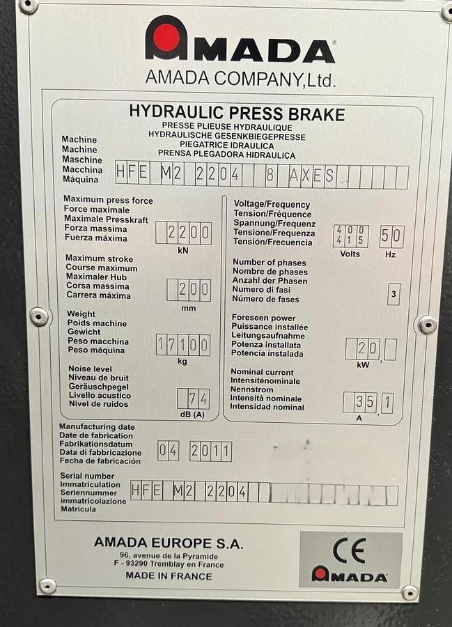 Used 2011 AMADA HFE M2 2204