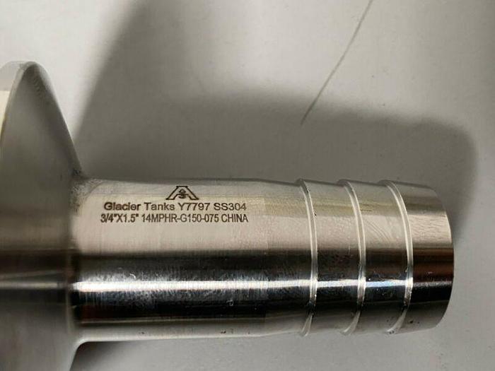 Used Glacier Tanks 14MPHR-G150-075 Stainless Steel Rubber Hose Barb Adapter