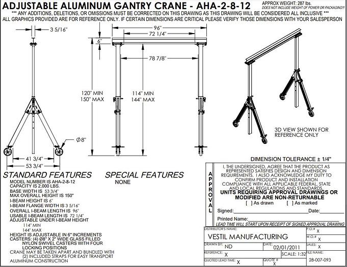 Used Vestil AHA-2-8-12 Aluminum Gantry Crane w/ Coffing JLC Hoist & CBTG Trolley