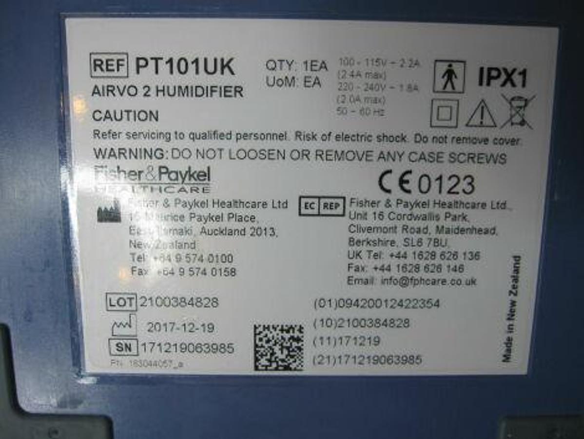 Used FISHER & PAYKEL AIRVO 2 MYAIRVO 2 HUMIDIFIER PT101UK Humidifier NASAL FLOW W/ HEATED BREATHING TUBE CHAMBER KIT