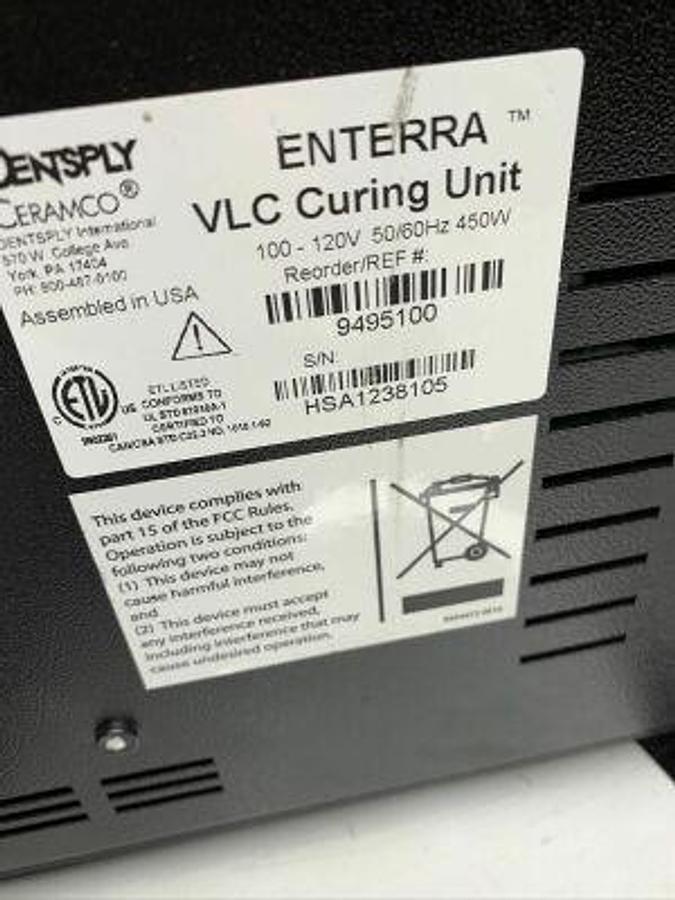 Used DENTSPLY CERAMCO ENTERRA VLC LIGHT VISIBLE CURING UNIT OVEN MODEL 9495100