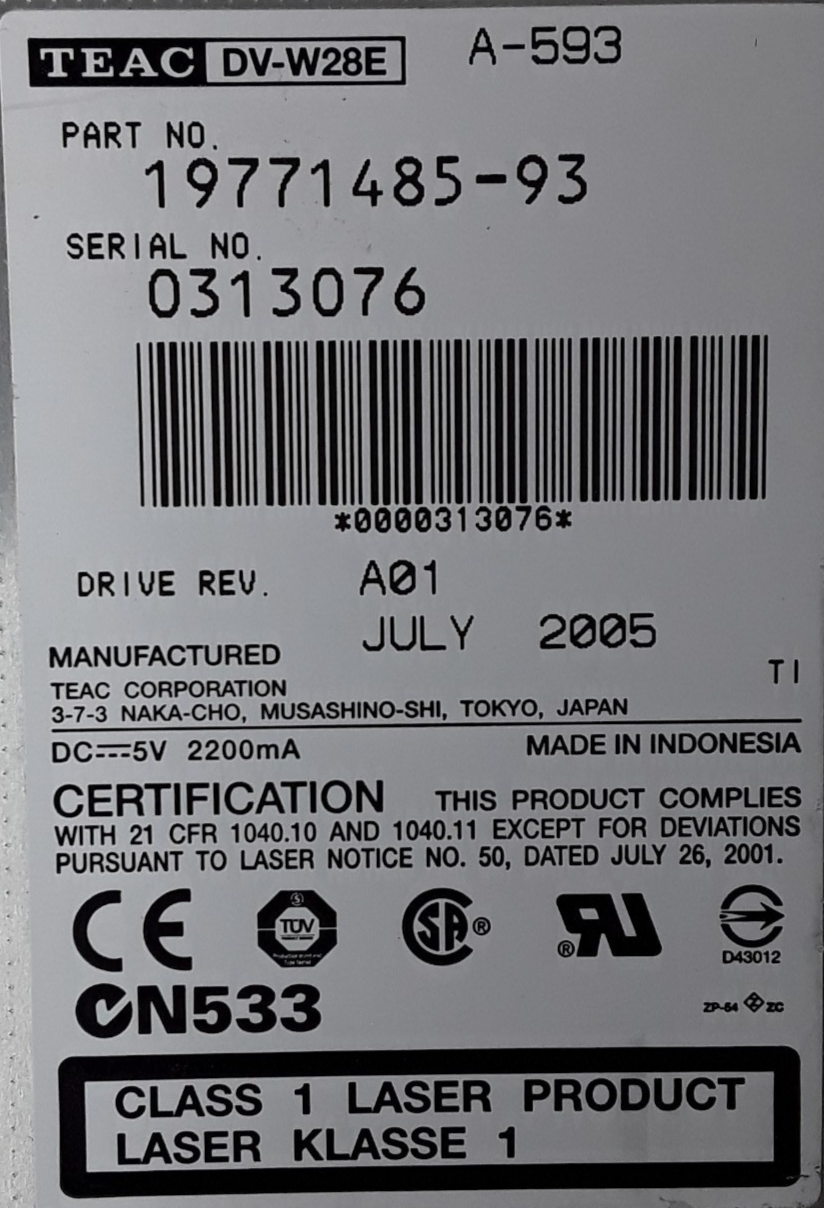 Used TEAC 19771485-93 DV-W28E A-593 Dual Layer DVD-RW CD-RW IDE PATA Optical 35-5