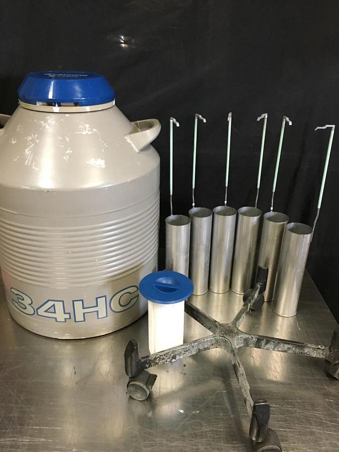 Used Liquid Nitrogen LN2 Cryogenic Tank 34 HC Storage Dewar 34L Cryo Sample Cart