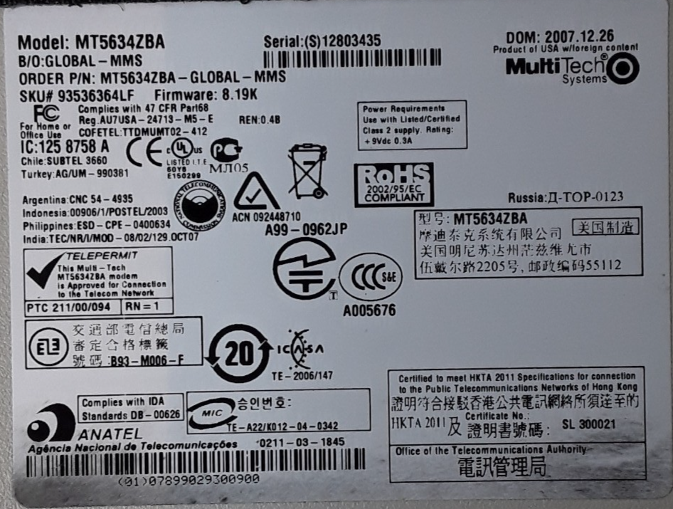 Used MULTITECH MULTIMODEM MT5634ZBA V.92 DATA/FAX MODEM 56K
