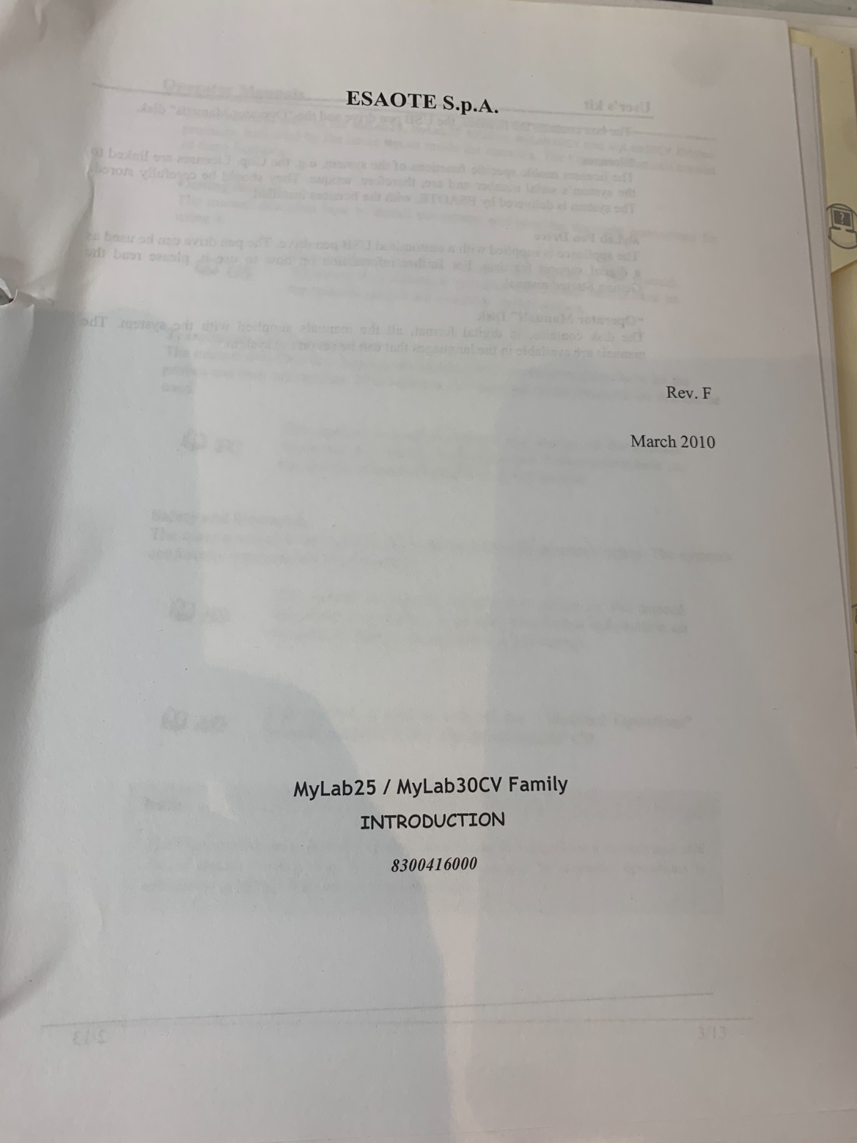 Used Esaote Operator Manual MyLab 25 30CV Biosound MyLab25 MyLab30 30 8300416000