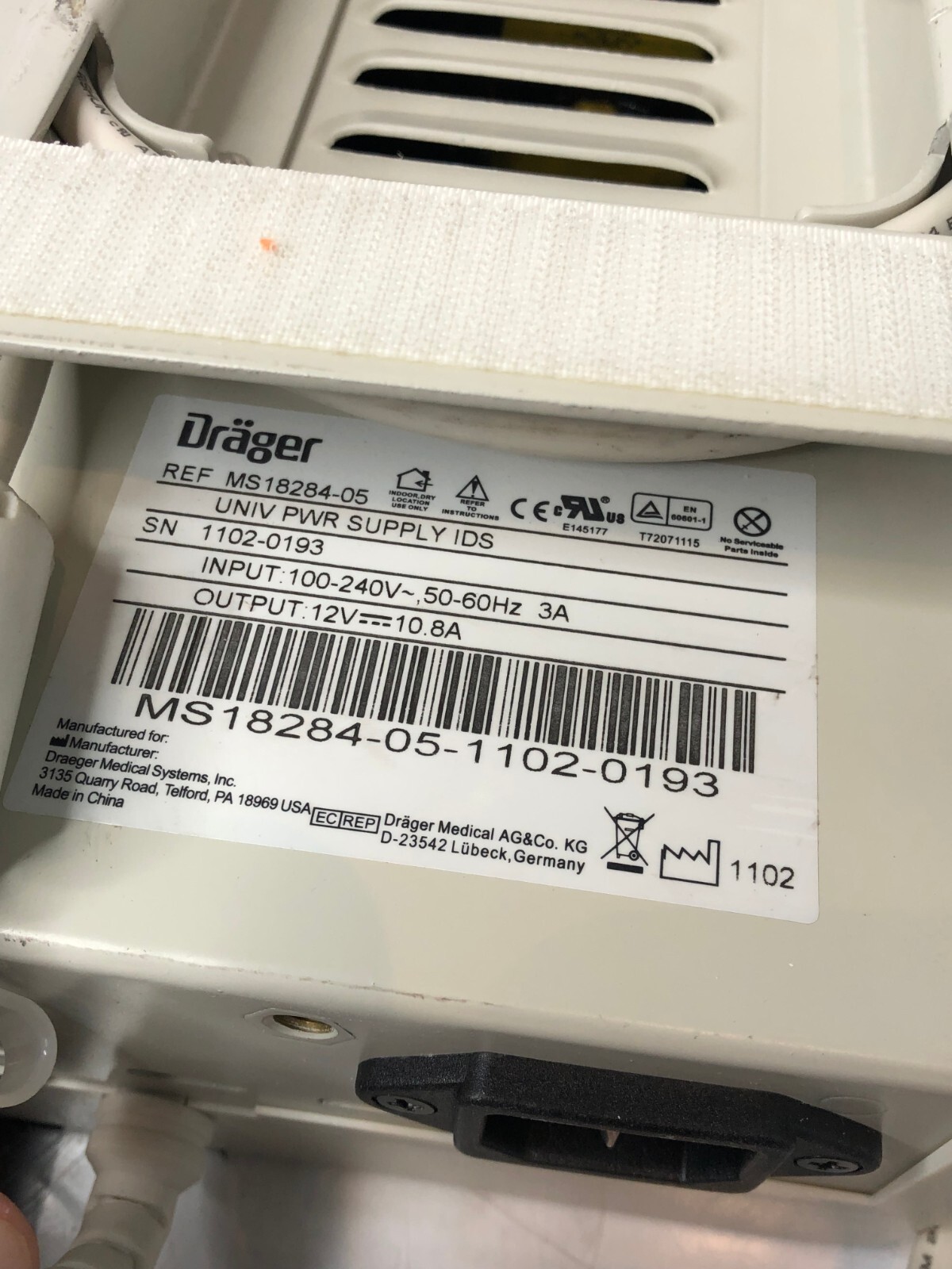 Used Drager MS18284-05 Universal Power Supply IDS Input 100-240vac Infinity 12v 10.8A