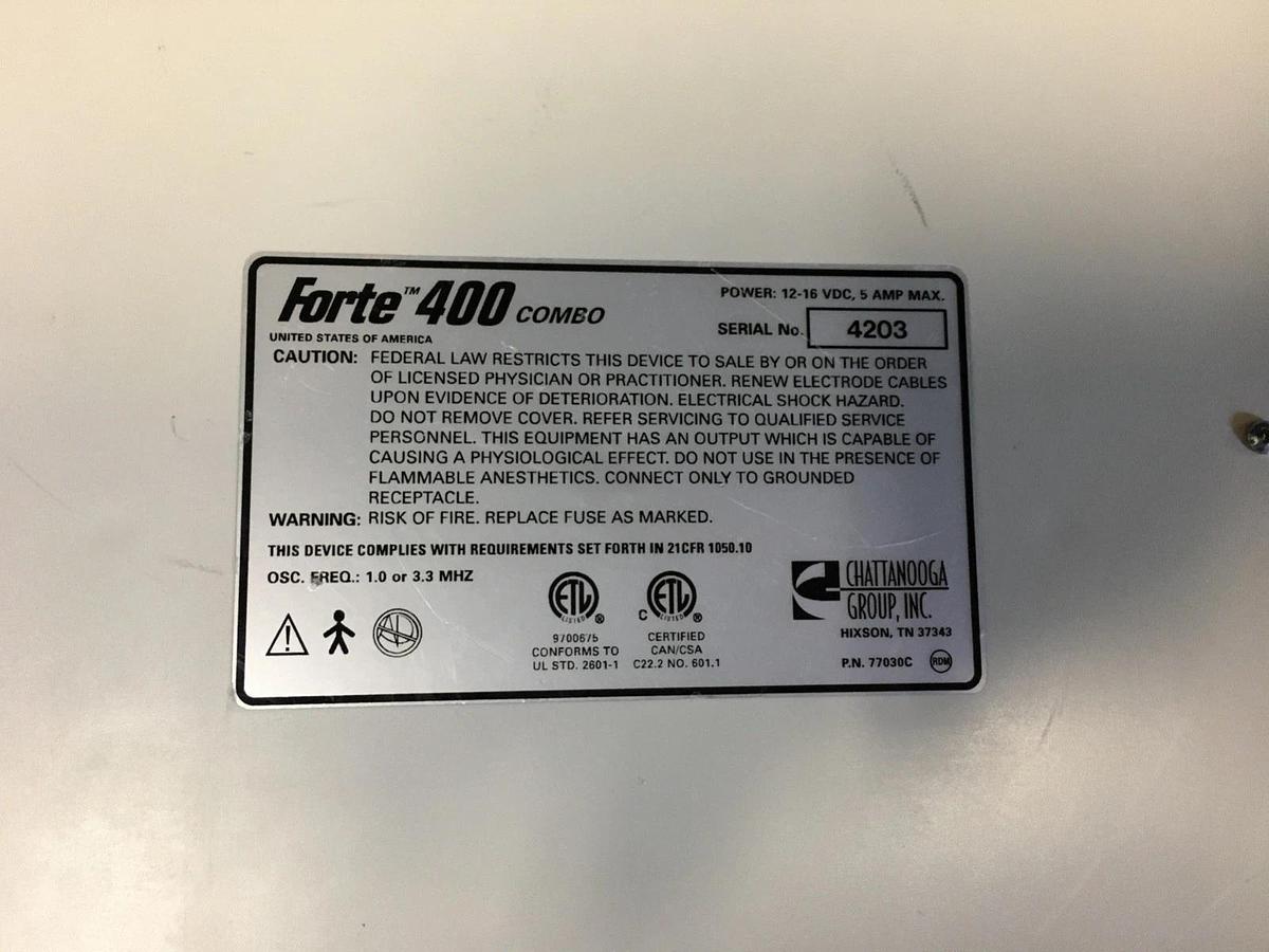 Used Chattanooga FORTE 400 Combo Therapy System. No Leads or Power Supply.
