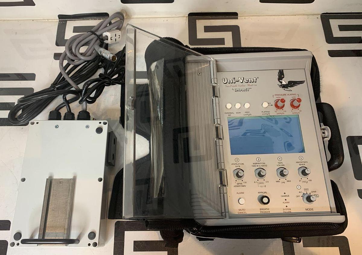 Used IMPACT INSTRUMENTATION Impact Calibrated Uni-Vent 754 754M Series Portable Ventilator & Power Supply