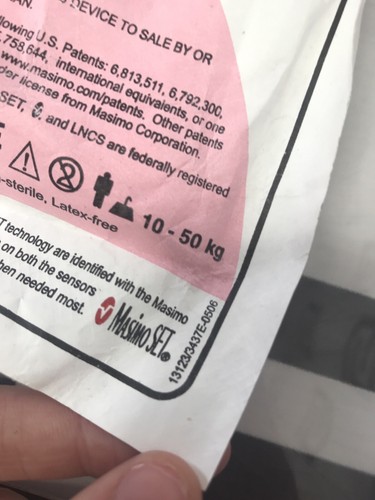 Masimo SET LNCS Pdtx SpO2 Adhesive Finger Sensor 10-50kg 13123/3437E-0506