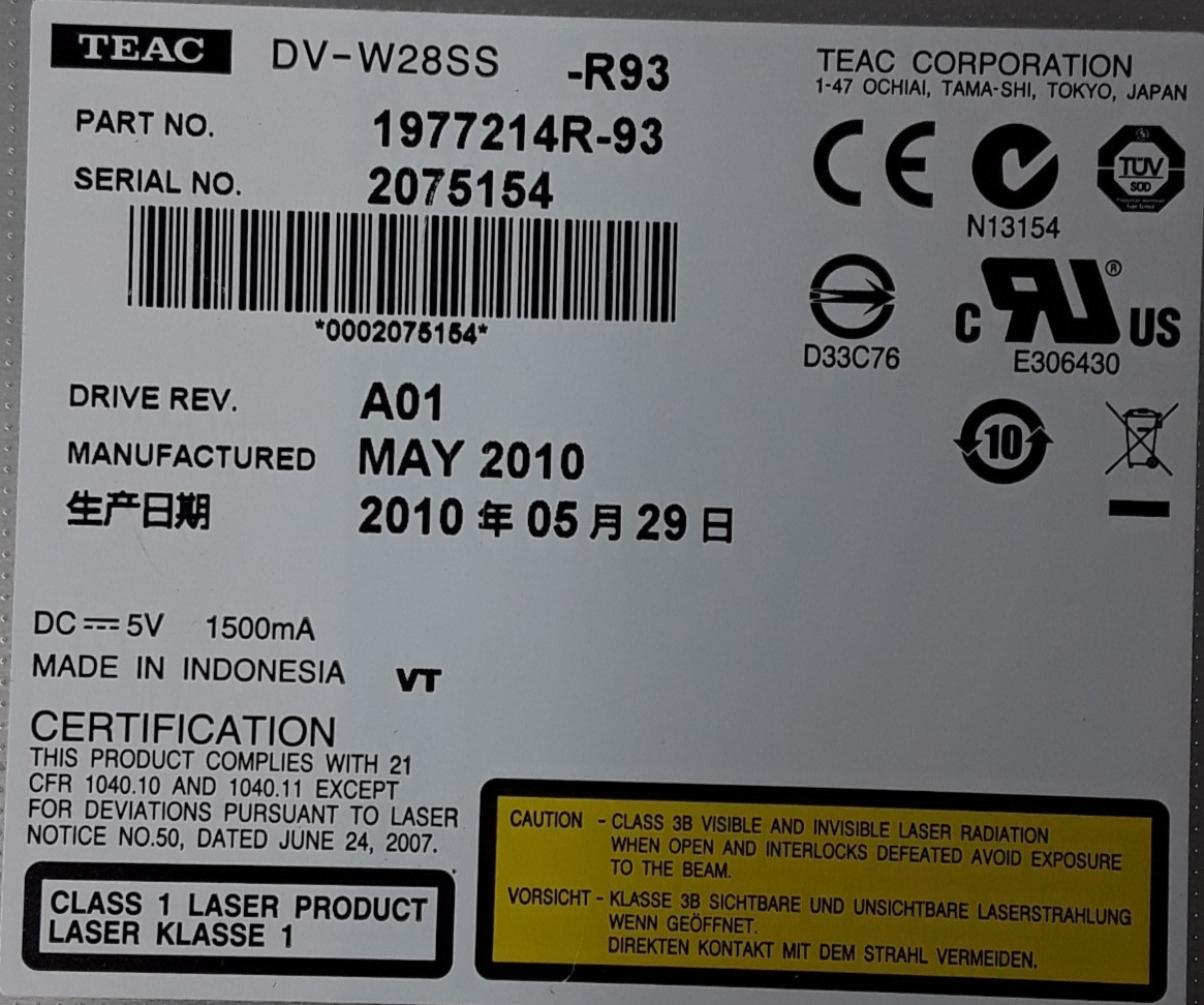 Used Teac DV-W28-V83 DVD±RW Optical Drive  1977242V-V83 Tested Warranty